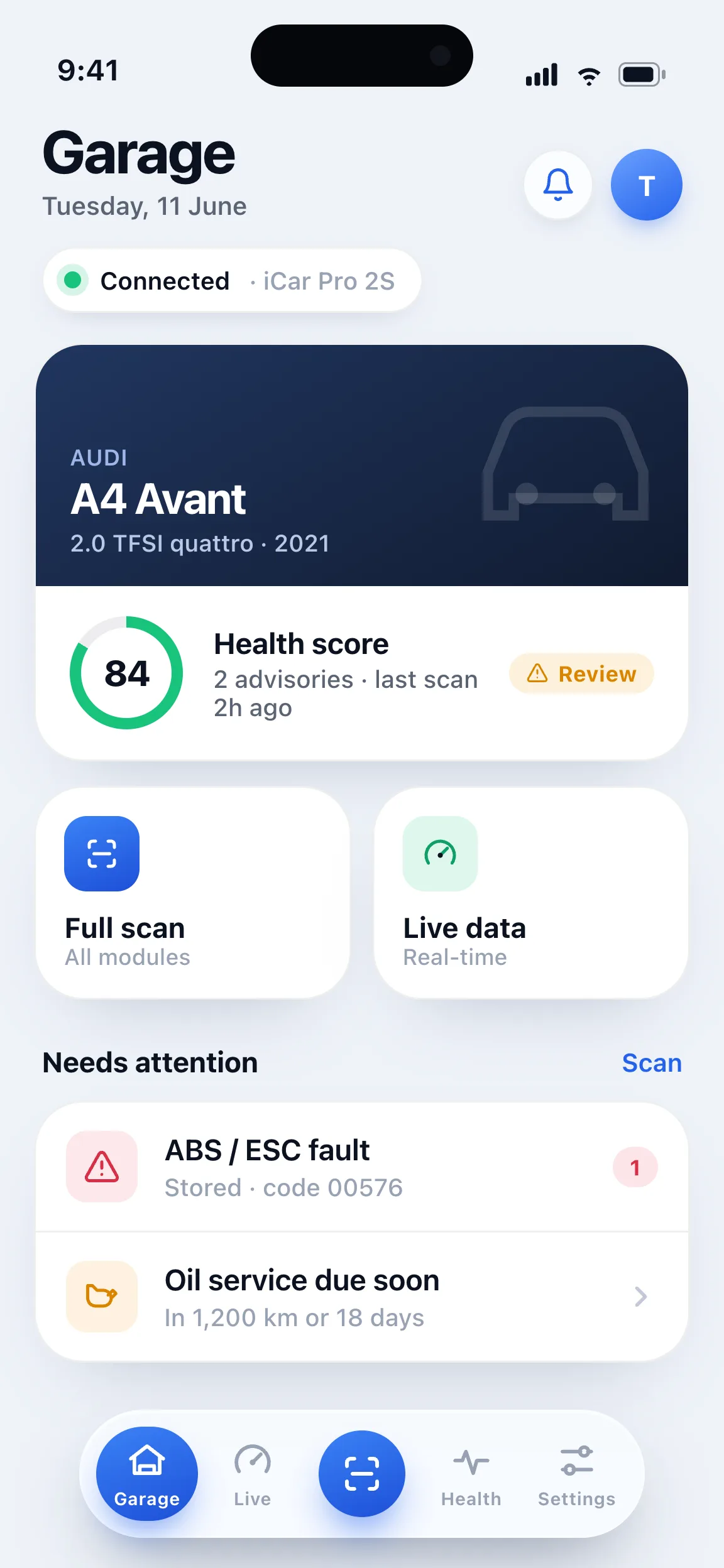 justOBD Garage home screen showing the car's health score and diagnostics