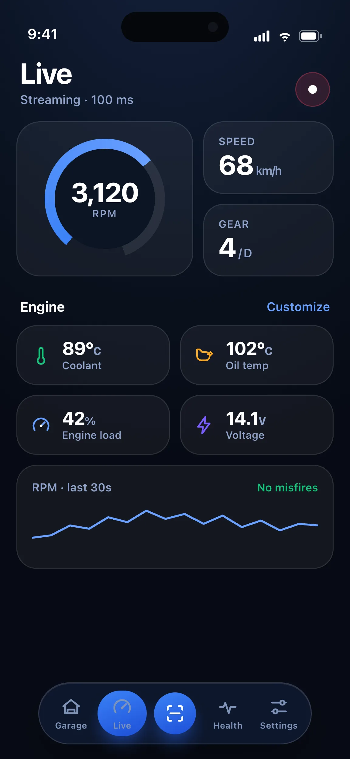 justOBD live engine dashboard with real-time RPM, speed and temperatures